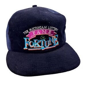 Vintage Michigan Lottery Fame & Fortune Corduroy Trucker Hat Navy Blue Snapback